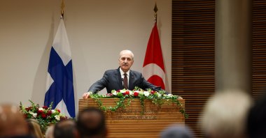 Parliament Speaker Numan Kurtulmuş speaks at a conference hosted by the Finland-Türkiye Interparliamentary Friendship Group in Helsinki, Finland, June 3, 2026. (AA Photo)