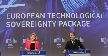 European Commission Executive Vice-President Henna Virkkunen (L) and Commissioner for Energy and Housing Dan Jorgensen hold a press conference on the EU Tech Sovereignty Package in Brussels, Belgium, June 3, 2026. (EPA Photo)