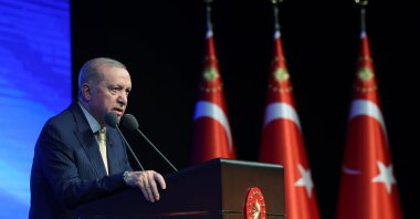 President Recep Tayyip Erdoğan delivers remarks during the 2025 Renewable Energy Investments Collective Opening Ceremony at the Presidential Complex in Ankara, June 3, 2026. (IHA Photo)
