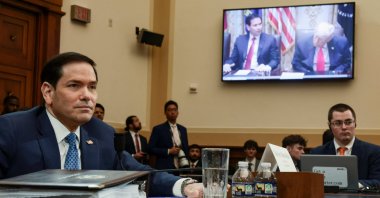 U.S. Secretary of State Marco Rubio watches a video showing him and U.S. President Donald Trump, as he is being questioned at a U.S. House Foreign Affairs Committee hearing on President Donald Trump&amp;#039;s Fiscal Year 2027 budget request for the Department of State, on Capitol Hill in Washington, D.C., U.S., June 3, 2026. (Reuters Photo)