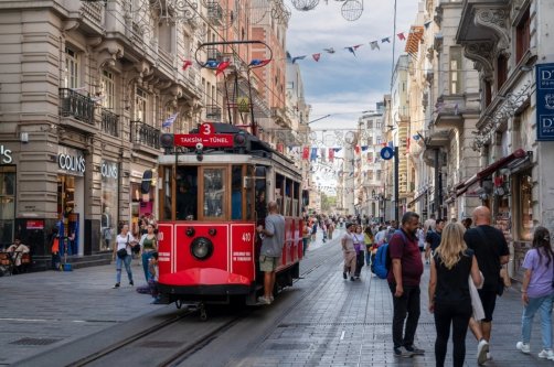 A general view of Istiklal street and the historical red tram, Istanbul, Türkiye, Sept. 17, 2023. (Shutterstock Photo)