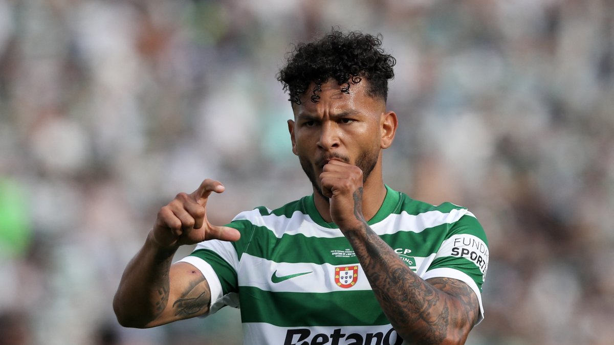 Sporting Lisbon's Luis Suarez celebrates scoring his team's first goal during the 'Taca de Portugal' (Portugal's Cup) final football match between Sporting CP and SCU Torreense at Jamor Stadium, Oeiras, Portugal, May 24, 2026. (AFP Photo)