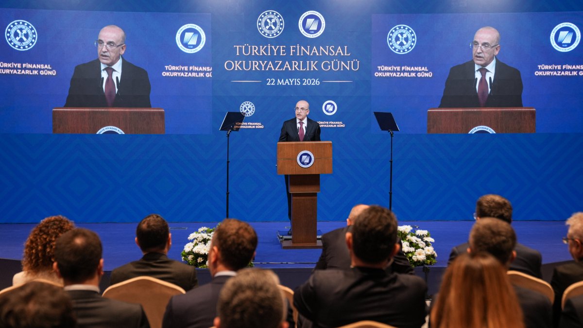 Treasury and Finance Minister Mehmet Şimşek delivers a speech during the "May 22 Financial Literacy Day Program," Istanbul, Türkiye, May 22, 2026. (AA Photo)