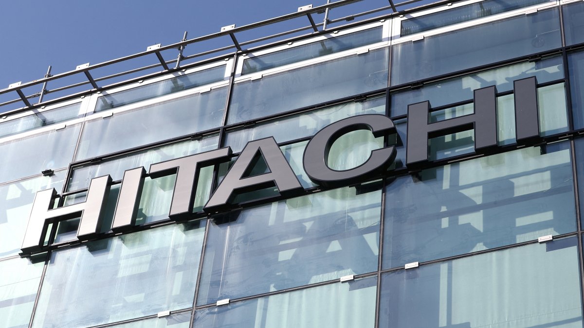 The logo of Hitachi is seen at an office building, Zurich, Switzerland, Sept. 10, 2020. (Reuters Photo)