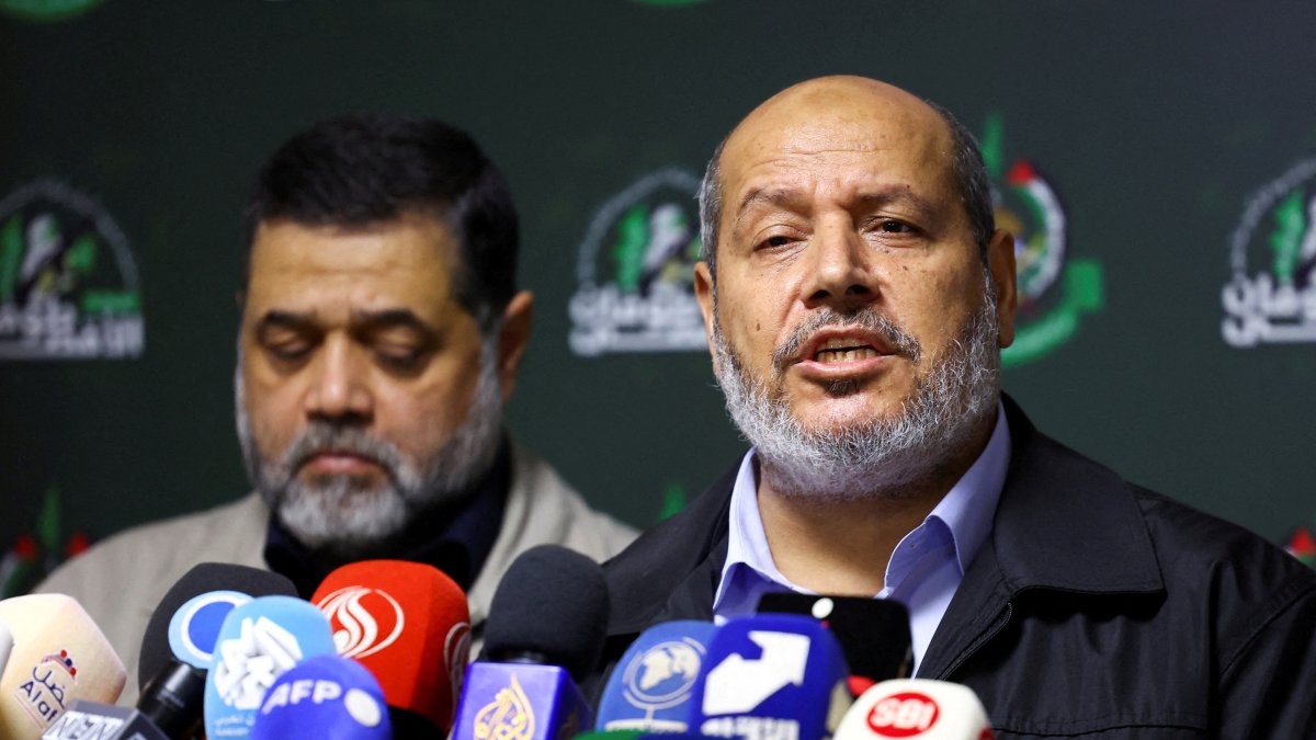 Hamas officials, Khalil Al-Hayya and Osama Hamdan, attend a news conference in Beirut, Lebanon, Nov. 21, 2023. (Reuters File Photo)