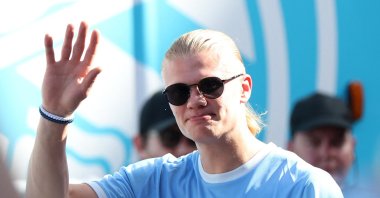Manchester City's Erling Haaland during the FA Cup and Carabao Cup victory parade, Manchester, U.K., May 25, 2026. (Reuters Photo)