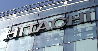 The logo of Hitachi is seen at an office building, Zurich, Switzerland, Sept. 10, 2020. (Reuters Photo)