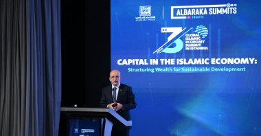 Treasury and Finance Minister Mehmet Şimşek delivers a speech at 3rd Global Islamic Economy Summit in Istanbul, Türkiye, June 4, 2026. (AA Photo)