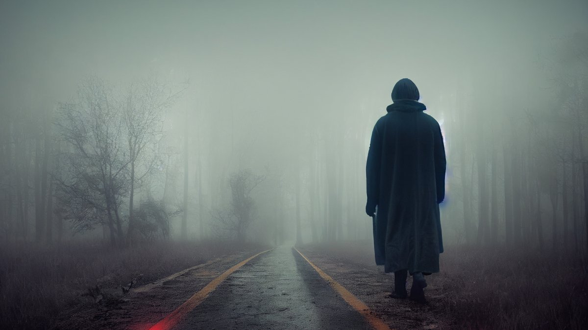 A person walks on a misty, foggy road. (Shutterstock Photo)