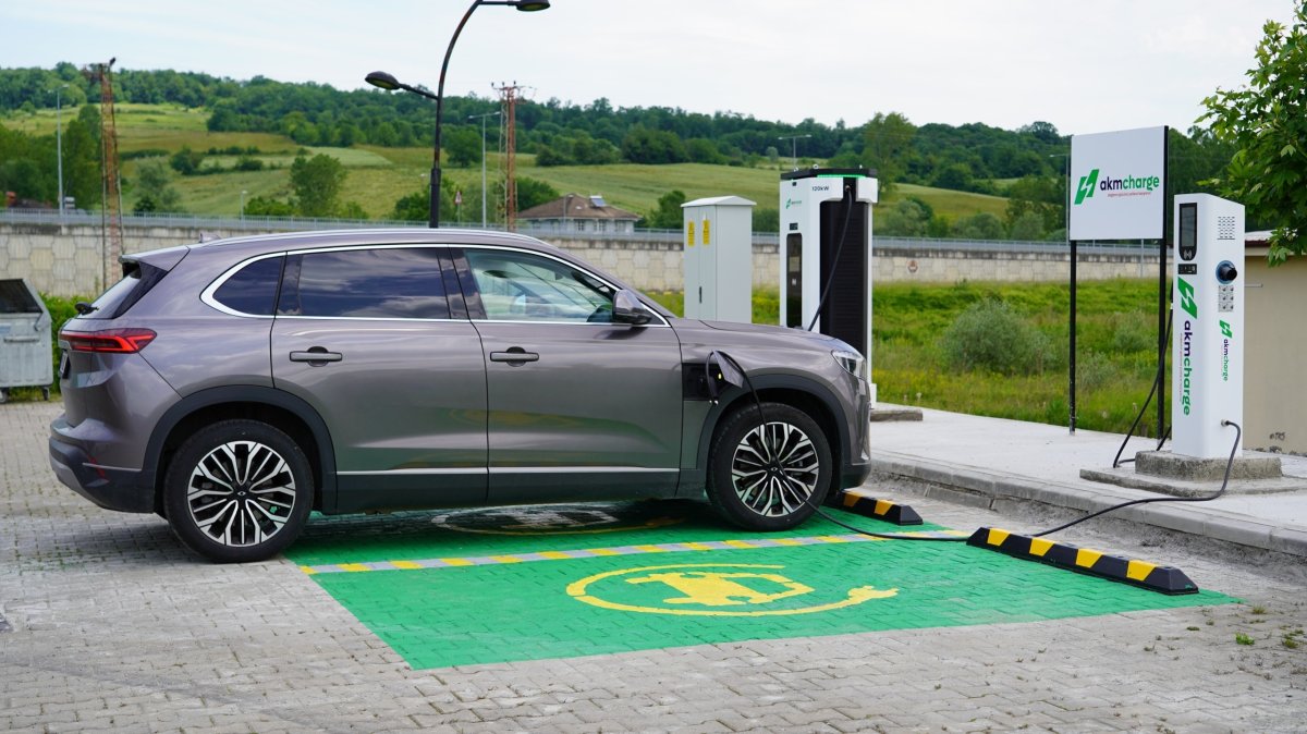 A Togg T10X C-SUV is seen at a charging station, Bartın, northern Türkiye, June 1, 2026. (IHA Photo)
