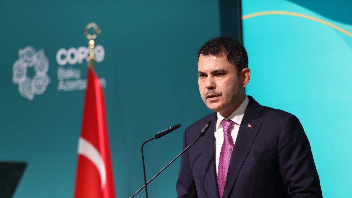 Environment, Urbanization and Climate Change Minister Murat Kurum announces Türkiye's Climate Road Map at the Baku Olympic Stadium within the scope of the COP29, Baku, Azerbaijan, Nov. 12, 2024. (AA Photo)