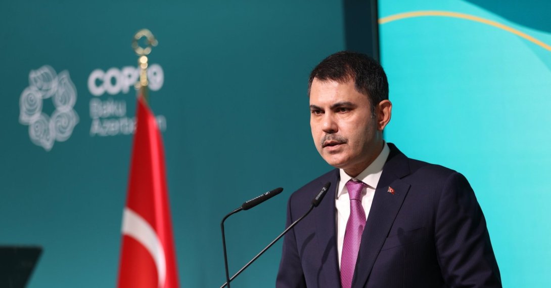 Environment, Urbanization and Climate Change Minister Murat Kurum announces Türkiye's Climate Road Map at the Baku Olympic Stadium within the scope of the COP29, Baku, Azerbaijan, Nov. 12, 2024. (AA Photo)