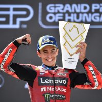 Ducati Lenovo's Marc Marquez celebrates with the trophy after the Hungarian Motorcycle MotoGP, in Balatonfokajar, Hungary, June 7, 2026. (AFP Photo)