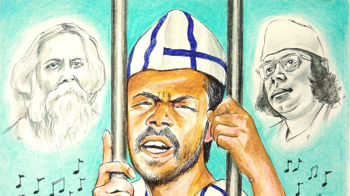 According to reports, Hero Alam was arrested and held in jail for eight hours before being released due to his poor performance of songs by poets Rabindranath Tagore and Kazi Nazrul Islam. (Illustration by Erhan Yalvaç)