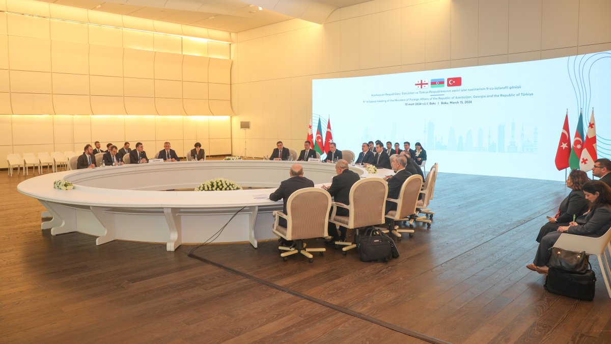A general view of the meeting of foreign ministers of Türkiye, Azerbaijan and Georgia, Baku, Azerbaijan, March 15, 2024. (Getty Images Photo)