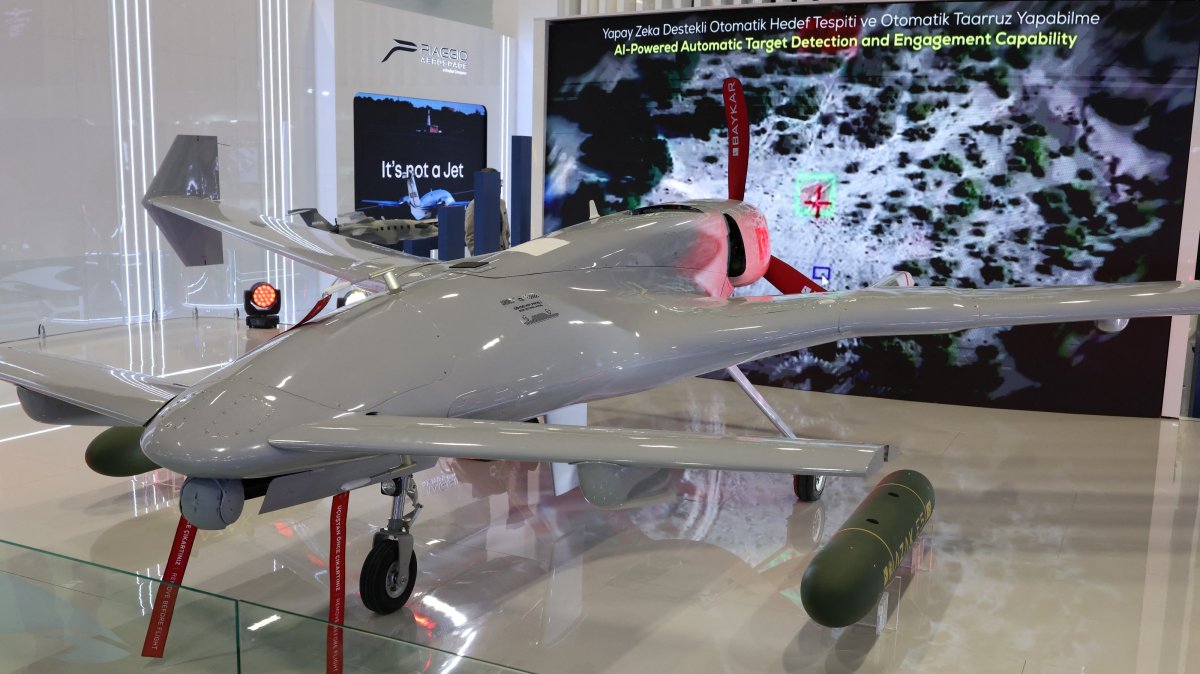 The K2 Kamikaze, a next-generation, artificial intelligence-powered and autonomous swarm-capable unmanned aerial vehicle, developed by Turkish defence firm Baykar, is displayed at the SAHA 2026 fair in Istanbul, Türkiye, May 8, 2026. (Reuters Photo)