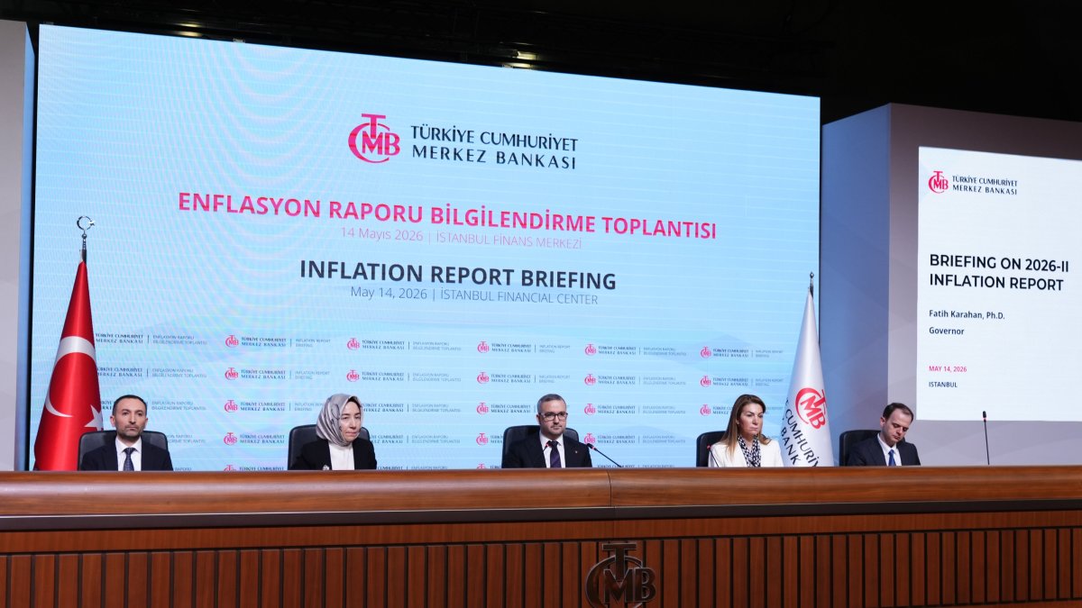 The Central Bank of the Republic of Türkiye (CBRT) Governor Fatih Karahan (C) and his deputies attend a press conference, Istanbul, Türkiye, May 14, 2026. (AA Photo)