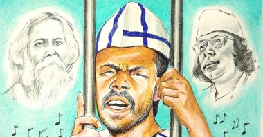 According to reports, Hero Alam was arrested and held in jail for eight hours before being released due to his poor performance of songs by poets Rabindranath Tagore and Kazi Nazrul Islam. (Illustration by Erhan Yalvaç)