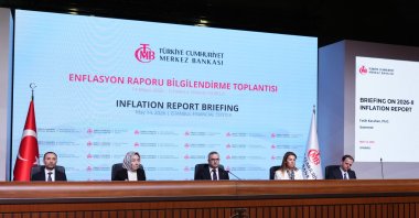 The Central Bank of the Republic of Türkiye (CBRT) Governor Fatih Karahan (C) and his deputies attend a press conference, Istanbul, Türkiye, May 14, 2026. (AA Photo)