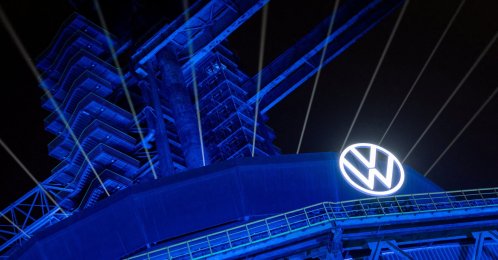 A logo of Volkswagen appears on the illuminated preserved blast furnace during the company’s event at Shougang Park, Beijing, China, April 8, 2026. (Reuters Photo)