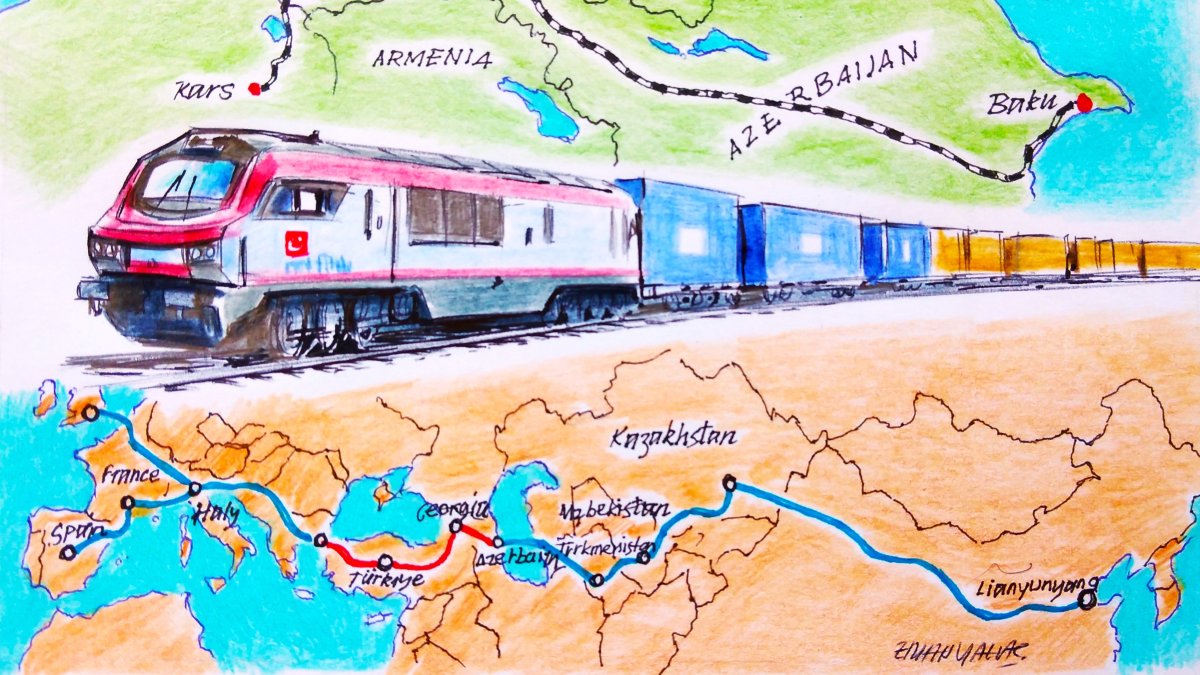 "By strengthening links between Asia and Europe, the modernized Baku-Tbilisi-Kars railway reinforces the Middle Corridor’s position as one of the most promising transport routes of the 21st century." (Illustration by Erhan Yalvaç)