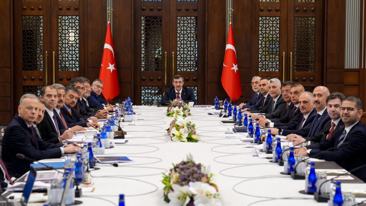 Vice President Cevdet Yılmaz (C) and other officials pose for a photo before the Economic Coordination Board (EKK) meeting, Ankara, Türkiye, June 8, 2026. (AA Photo)