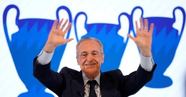 Florentino Perez celebrates after he is re-elected as Real Madrid president at the Eurobuilding Hotel, Madrid, Spain, June 8, 2026. (Reuters Photo)