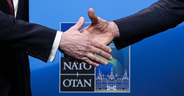 NATO Secretary General Mark Rutte (R) and U.S. Secretary of State Marco Rubio shake hands after giving remarks at the NATO Foreign Ministers' meeting, Helsingborg, Sweden, May 22, 2026. (AFP Photo)