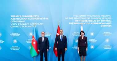 Azerbaijan's Foreign Minister Jeyhun Bayramov (L), Foreign Minister Hakan Fidan (C) and Georgia's Maka Botchorishvili pose before their meeting, Istanbul, Türkiye, June 8, 2026. (AA Photo)