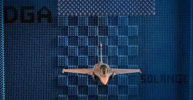 A Rafale F4 fighter aircraft hangs in the SOLANGE room of the DGA, western France, on June 8, 2026. (AFP Photo)