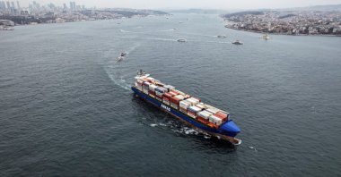 A loaded ship sails through the Bosporus, Istanbul, Türkiye, Jan. 29, 2024. (IHA Photo)