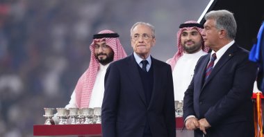 Real Madrid president Florentino Perez and Barcelona president Joan Laporta after the Spanish Super Cup final match between FC Barcelona and Real Madrid at King Abdullah Sports City Hall Stadium, Jeddah, Saudi Arabia, Jan. 11, 2026. (Getty Images Photo)