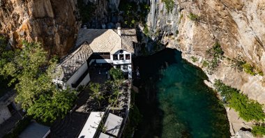 An aerial view of the Blagaj Tekke near Mostar, Bosnia-Herzegovina, May 15, 2026. (AA Photo)