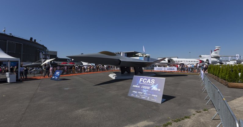 A mock-up display of the Future Combat Air System (FCAS), a planned sixth-generation jet fighter, Paris, France, June 25, 2023. (Getty Images Photo)
