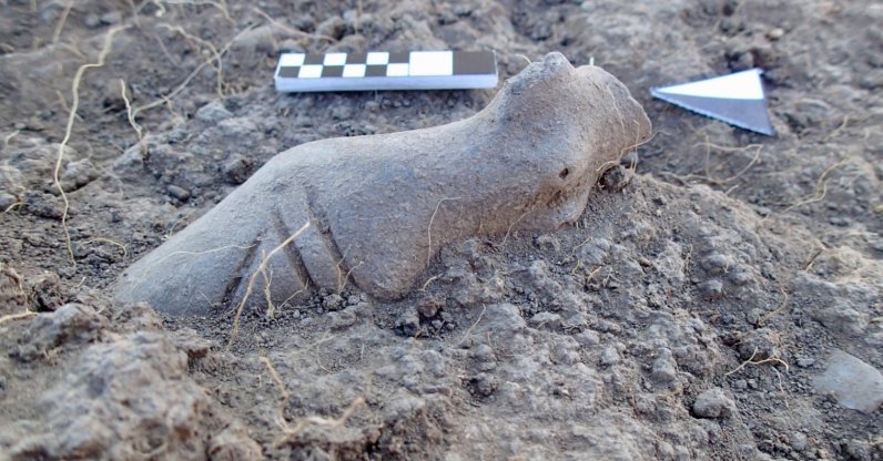 A headless female figurine dating back 8,000 years is discovered at Kanlıtaş Mound, northwestern Türkiye, June 5, 2026. (AA Photo)