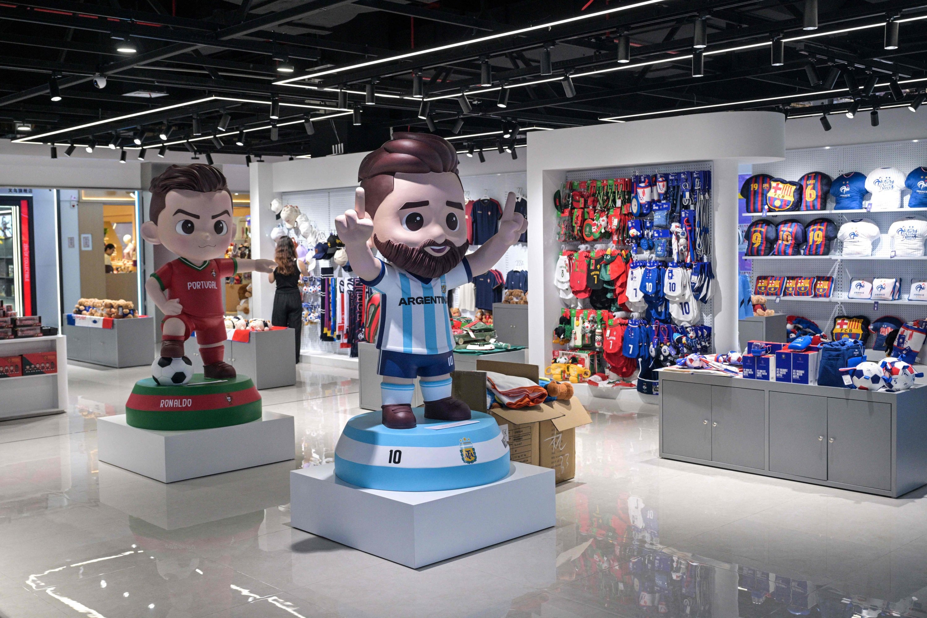 Merchandise of football teams that will participate in the FIFA World Cup 2026 at a shop, Yiwu, China, June 5, 2026. (AFP Photo)
