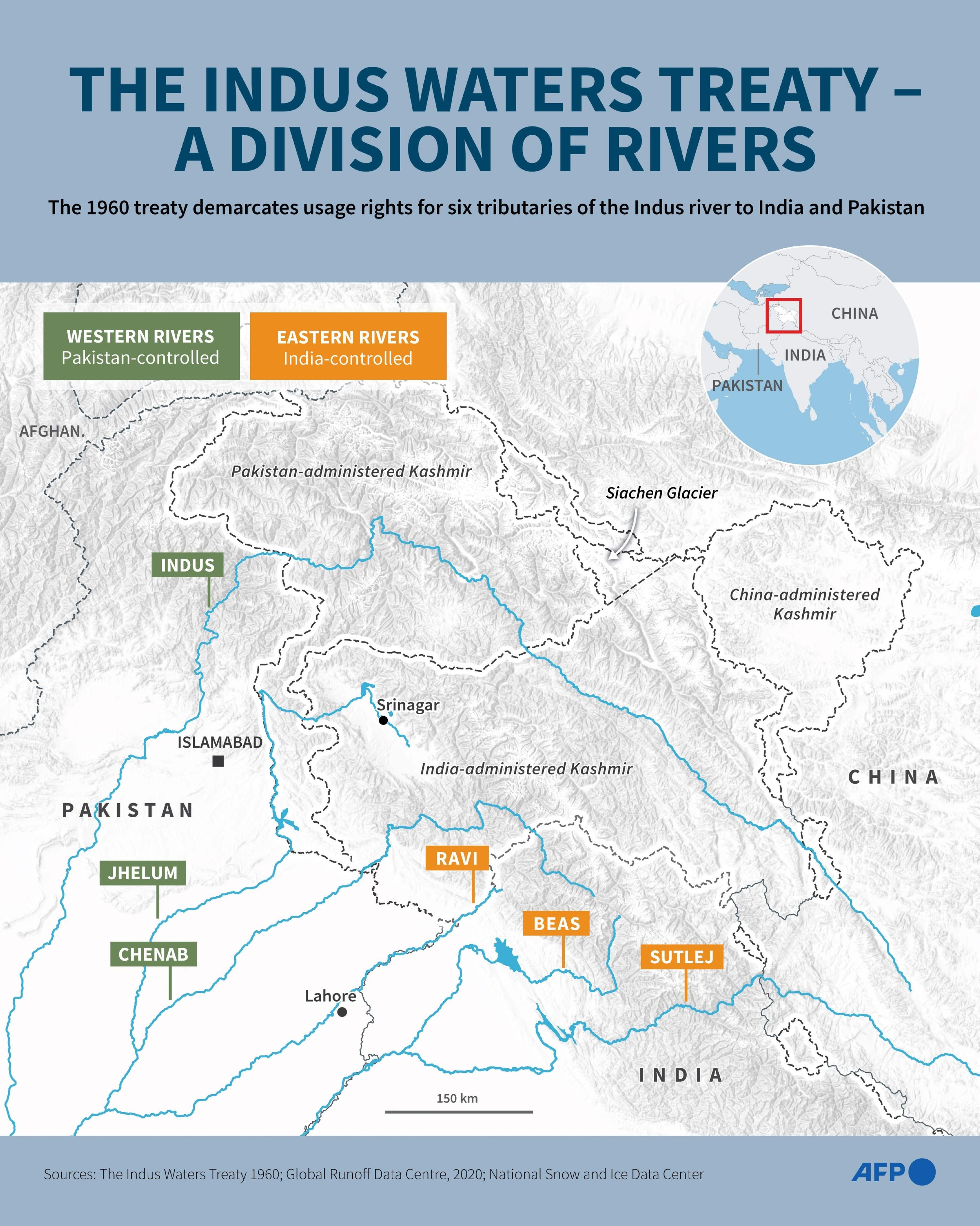 Infographic map showing the rivers in the Indus Waters Treaty 1960, between India and Pakistan. (Graphic by AFP)