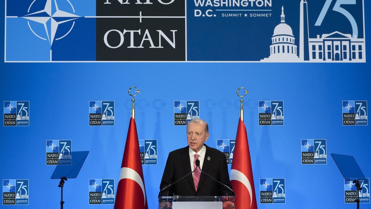 President Recep Tayyip Erdoğan speaks at a news conference during the NATO summit, Washington, U.S., July 11, 2024. (AP Photo)