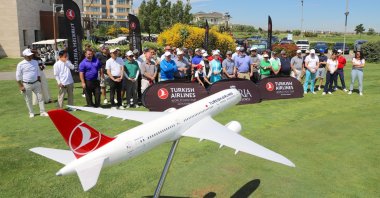 A model of a Turkish Airlines aircraft is seen during the "Turkish Airlines World Golf Cup," Baku, Azerbaijan, June 7, 2026. (AA Photo)
