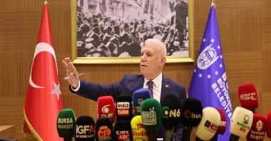 In this undated photo, former Bursa Mayor Mustafa Bozbey speaks to the press, Bursa, Türkiye. (DHA Photo)