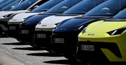 BYD Dolphin Surf electric cars are parked in front of the venue where BYD carmaker holds a vehicle presentation event, Berlin, Germany, May 21, 2025. (Reuters Photo)
