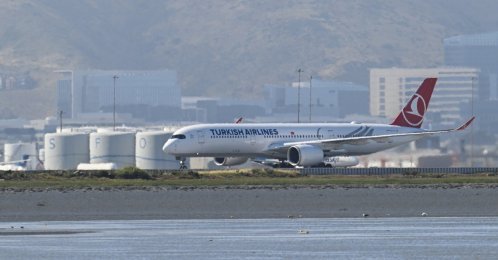 A Turkish Airlines aircraft lands at the San Francisco International Airport, California, U.S., May 12, 2026. (AA Photo)