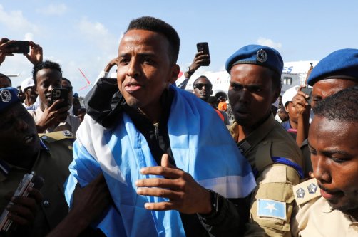 Somali referee Omar Abdulkadir Artan, who had been expected to officiate at matches during the 2026 FIFA World Cup but was denied entry to the United States, is received as he arrives at the Aden Abdulle Osman International Airport, Mogadishu, Somalia, June 10, 2026. (Reuters Photo)