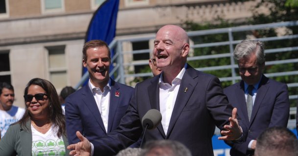 FIFA President Gianni Infantino (2nd R) attends an announcement event alongside Governor Kathy Hochul, Mayor Zohran Mamdani, and former Liberian footballer and politician George Weah to unveil plans for a free public watch party in Central Park for the 2026 FIFA World Cup final, New York City, U.S., June 8, 2026. (AA Photo)