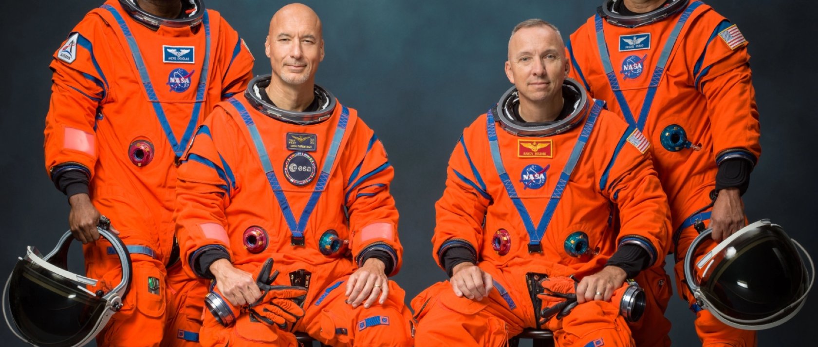 This undated photo provided by NASA Tuesday, June 9, 2026, shows the Artemis III crew including (from L), Andre Douglas, Luca Parmitano, Randy Bresnik and Frank Rubio, posing for an official portrait. (AP Photo)