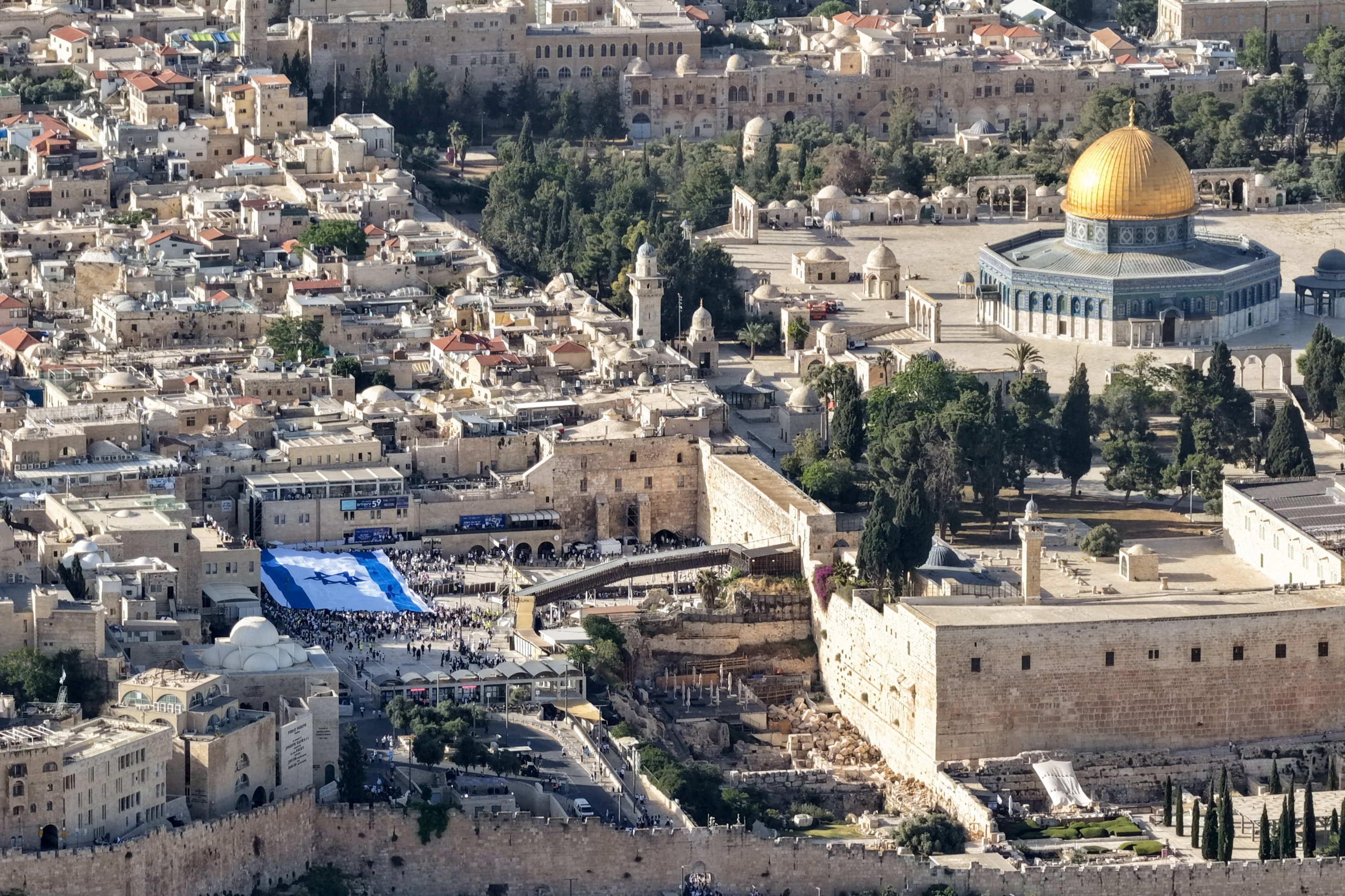 A drone view of a large Israeli flag at the Western Wall Plaza, next to the Al-Aqsa compound, East Jerusalem, occupied Palestine, May 14, 2026. (Reuters Photo)