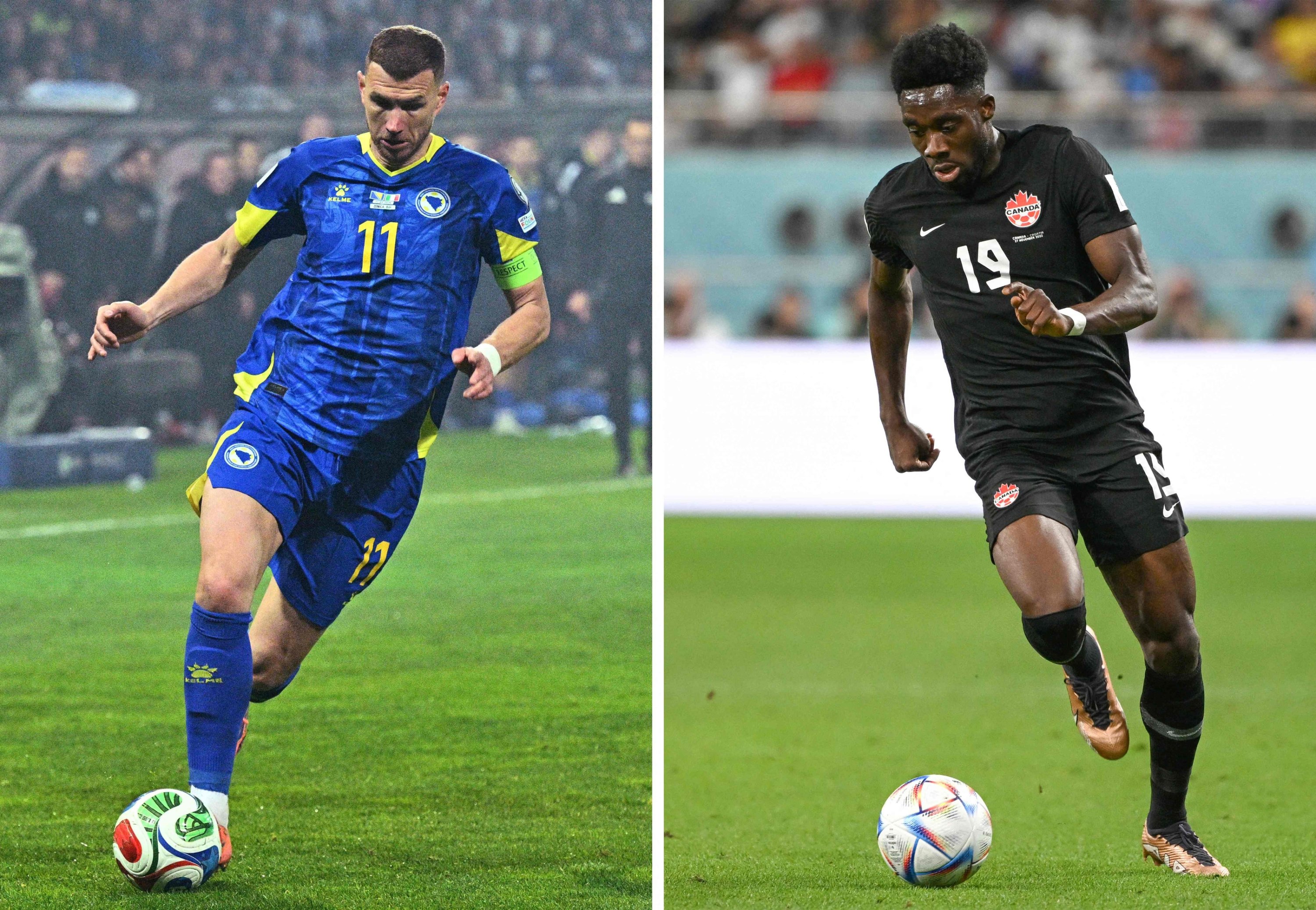 This combination of file photos shows Bosnia-Herzegovina's Edin Dzeko (L) in Zenica on March 31, 2026 and Canada's Alphonso Davies in Doha on Nov. 27, 2022. (AFP Photo)