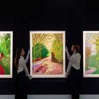 A group of iPad drawings by David Hockney goes on public view at Sotheby's, London, U.K., Feb. 26, 2026. (Getty Images Photo)