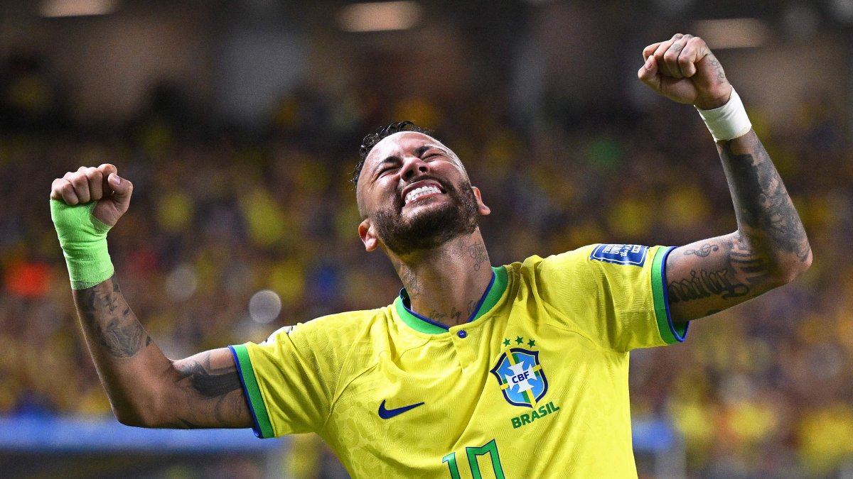 Brazil's forward Neymar celebrates after scoring a goal during the 2026 FIFA World Cup South American qualifiers football match between Brazil and Bolivia at the Jornalista Edgar Proença 'Mangueirao' stadium, Belem, Brazil, Sept. 8, 2023. (AFP Photo)
