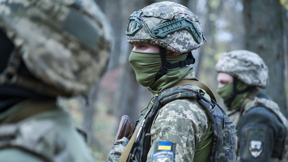 Ukrainian soldiers of the 54th Mechanized Brigade are seen during military training at an unspecified location in, Ukraine, Oct. 1, 2025. (Getty Images Photo)